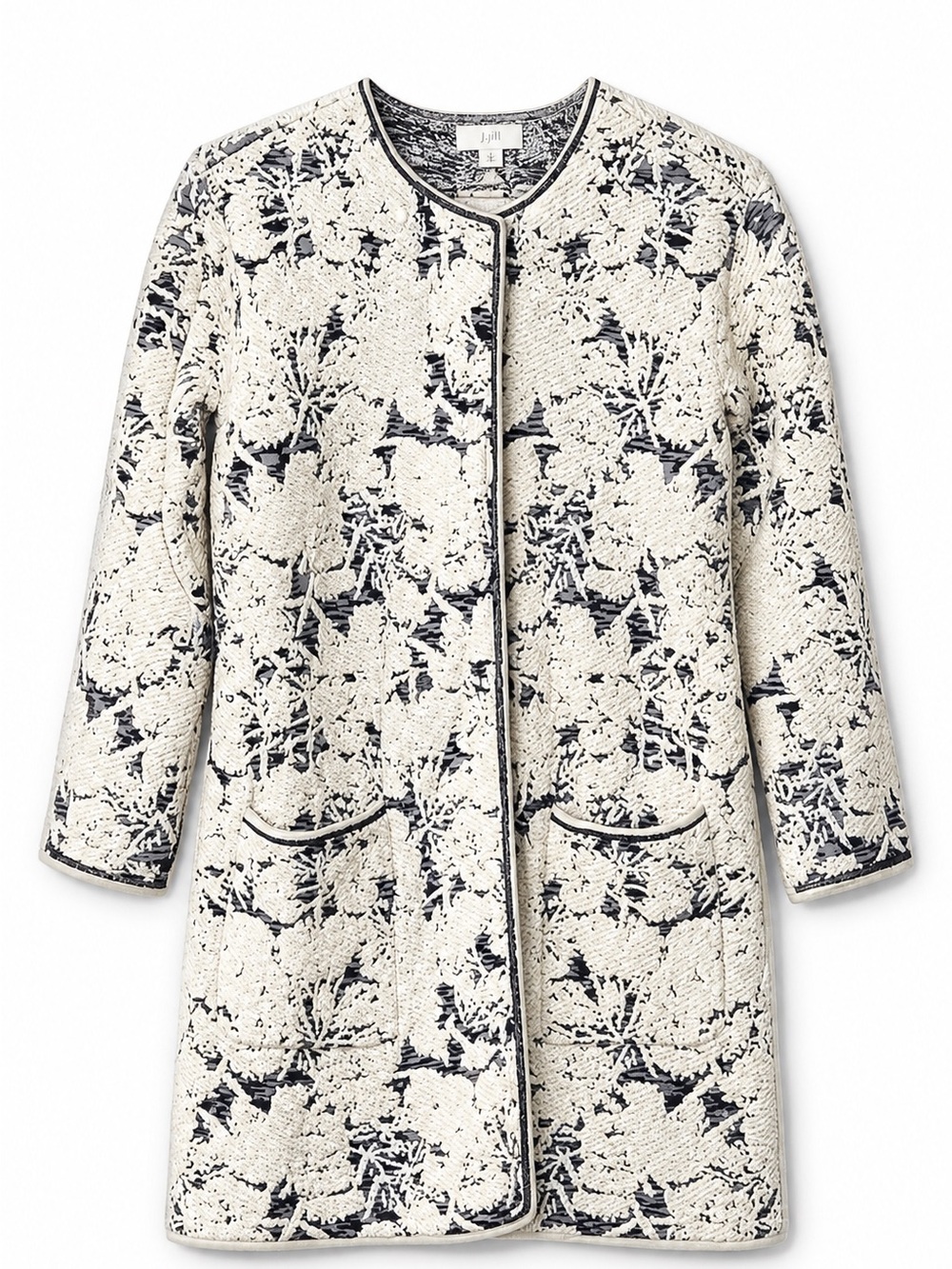 J Jill Jacquard Topper Longline Sweater Cardigan Jacket Open Front Floral Small